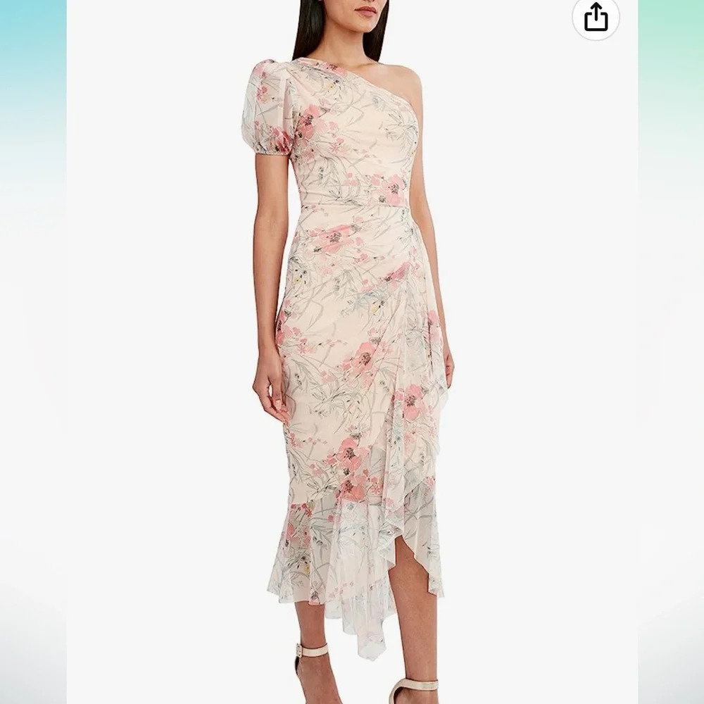 BCBGMAXAZRIA One Sleeve Asymmetrical Ruffle Hem Pink Midi Evening Dress, Size XS